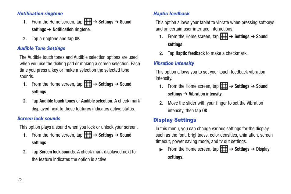 Display settings | Samsung Galaxy Tab A3LSGHI987 User Manual | Page 76 / 146