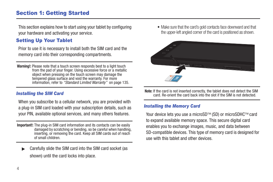 Section 1: getting started, Setting up your tablet | Samsung Galaxy Tab A3LSGHI987 User Manual | Page 8 / 146