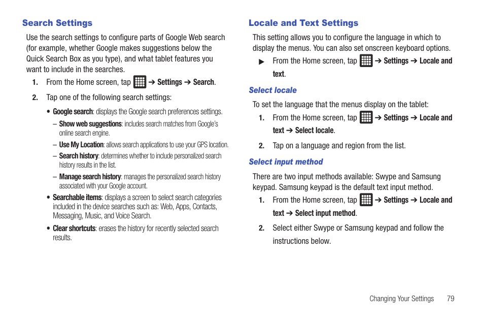 Search settings, Locale and text settings, Search settings locale and text settings | Samsung Galaxy Tab A3LSGHI987 User Manual | Page 83 / 146