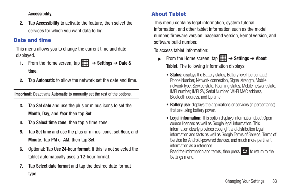 Date and time, About tablet, Date and time about tablet | Samsung Galaxy Tab A3LSGHI987 User Manual | Page 87 / 146