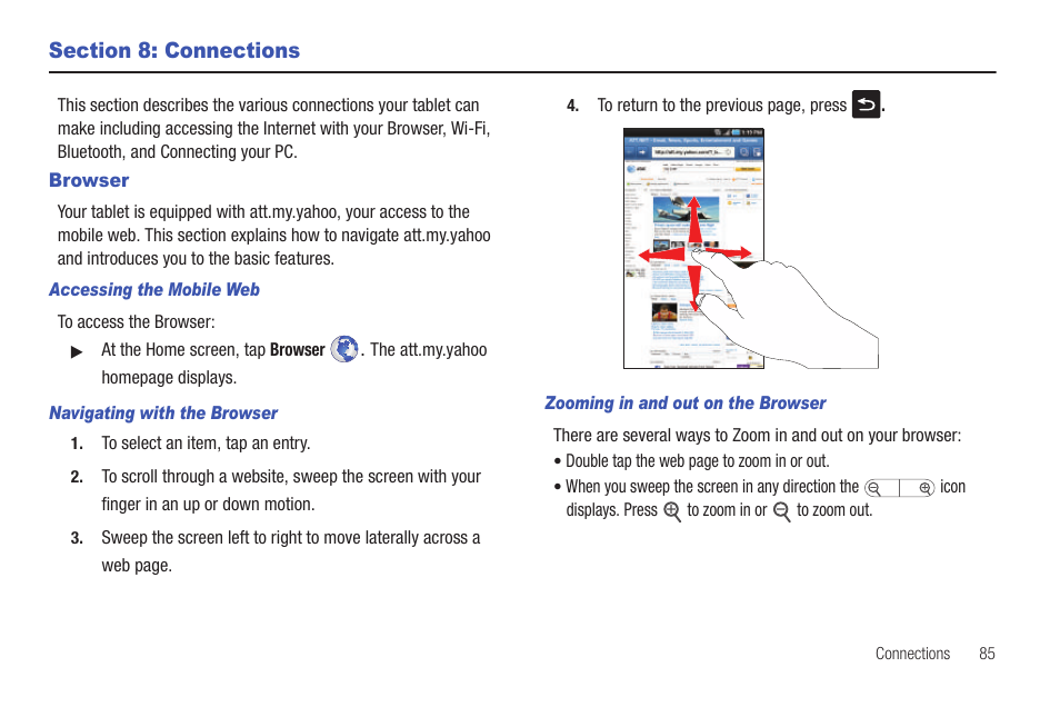 Section 8: connections, Browser | Samsung Galaxy Tab A3LSGHI987 User Manual | Page 89 / 146