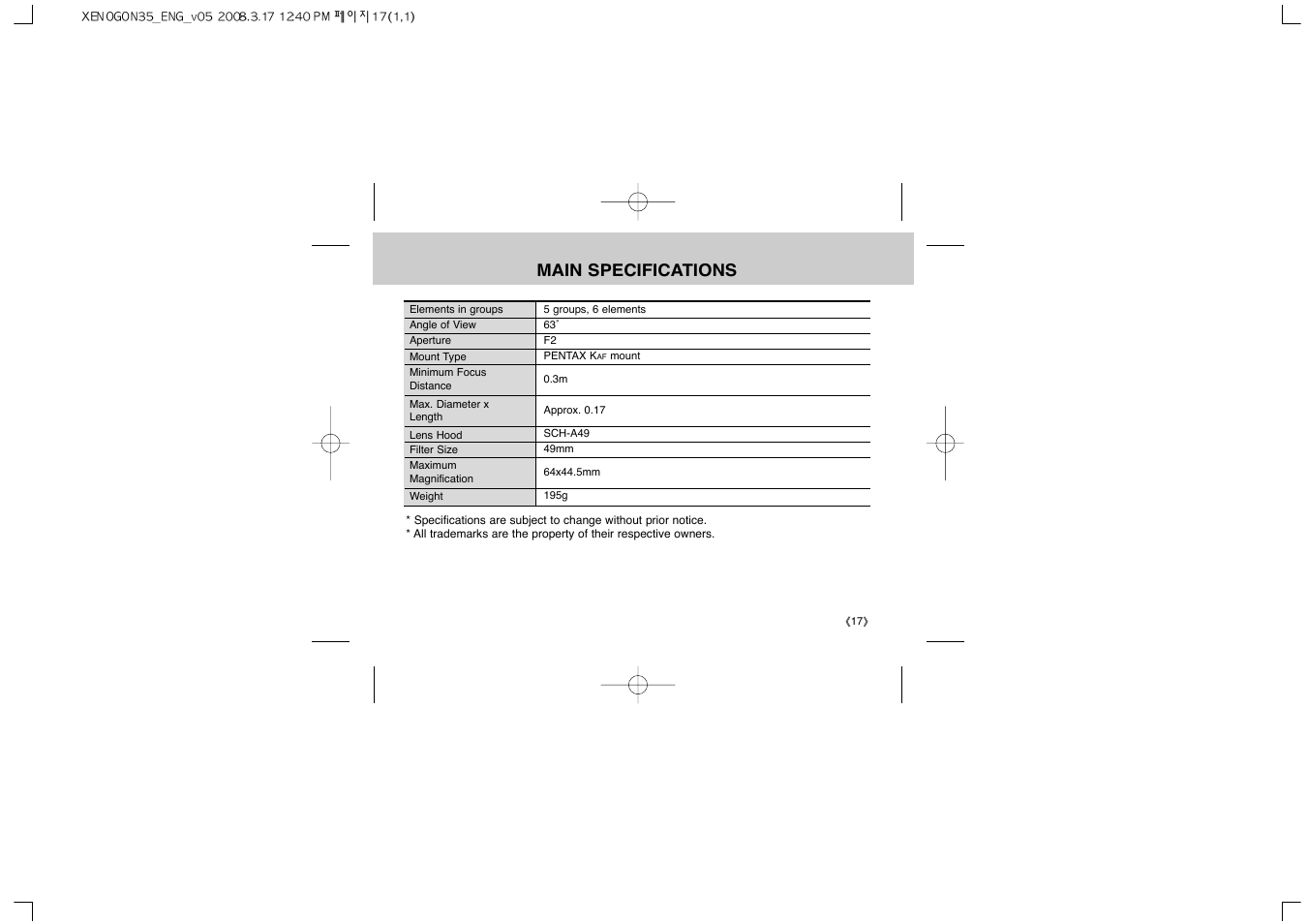 Main specifications | Samsung Schneider D-XENOGON 35 User Manual | Page 19 / 24