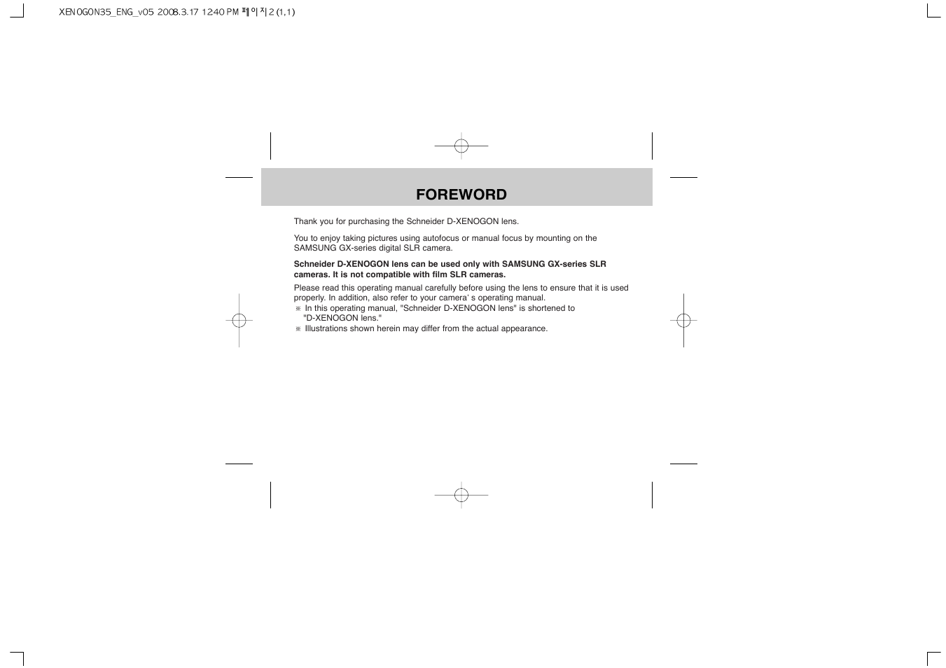 Foreword | Samsung Schneider D-XENOGON 35 User Manual | Page 2 / 24