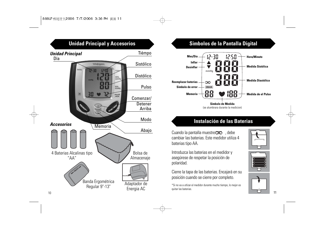 Simbolos de la pantalla digital, Unidad principal y accesorios, Instalación de las baterias | Samsung BD-7181W User Manual | Page 21 / 30