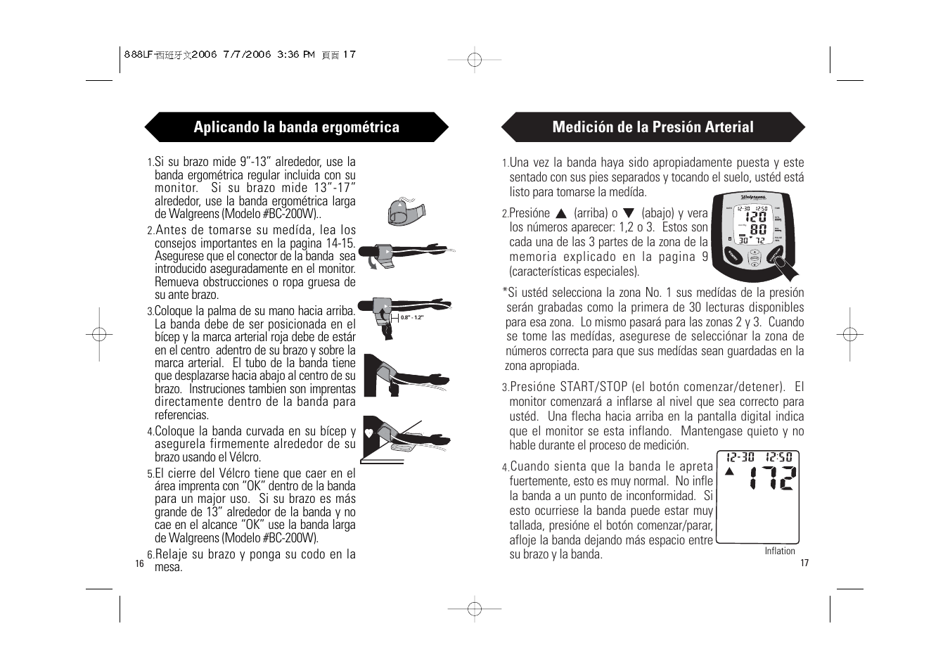 Medición de la presión arterial, Aplicando la banda ergométrica, Relaje su brazo y ponga su codo en la mesa | Samsung BD-7181W User Manual | Page 24 / 30