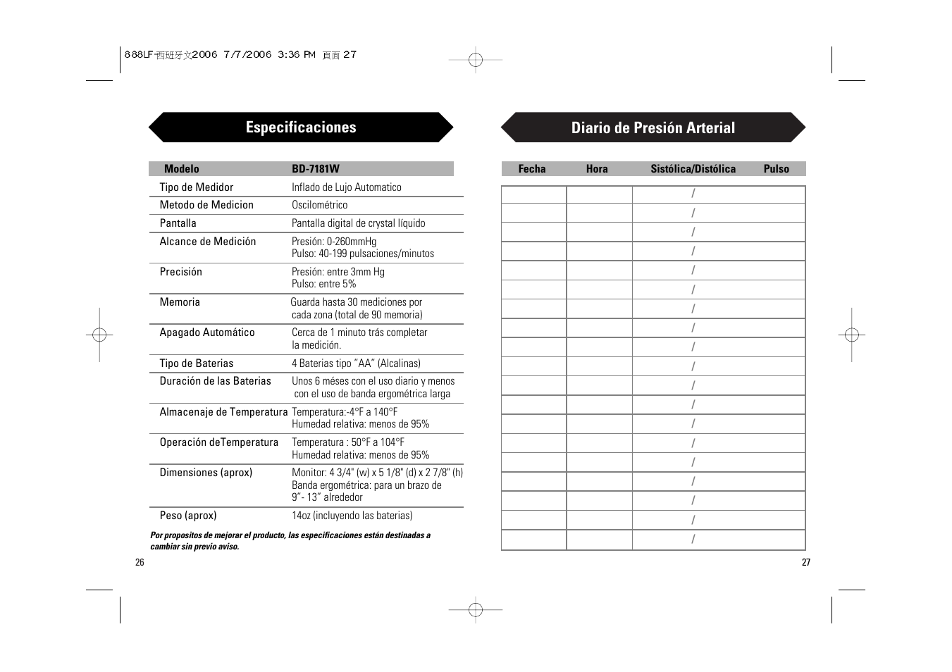 Diario de presión arterial, Especificaciones | Samsung BD-7181W User Manual | Page 28 / 30