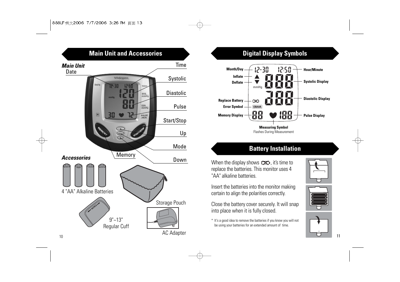 Digital display symbols, Main unit and accessories, Battery installation | Samsung BD-7181W User Manual | Page 7 / 30