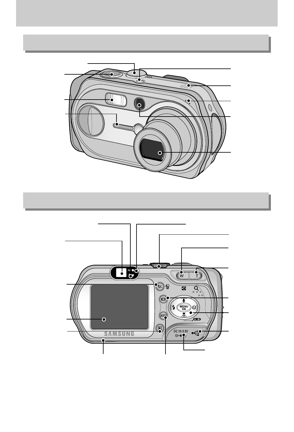 Identification of features, Front & top back & bottom | Samsung Digimax A7 User Manual | Page 10 / 136