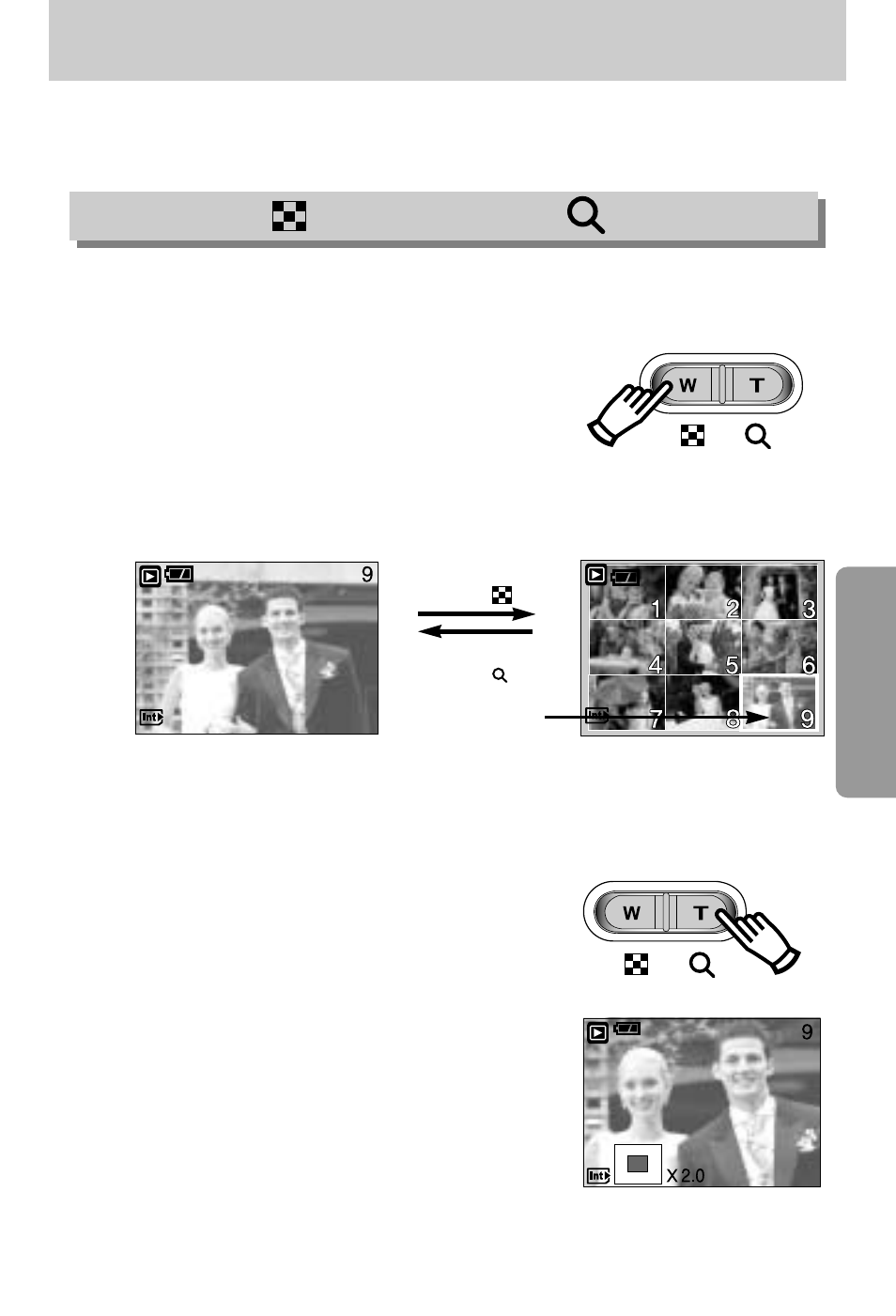 Using the camera buttons to adjust the camera, Thumbnail( )/ enlargement( ) button | Samsung Digimax A7 User Manual | Page 53 / 136