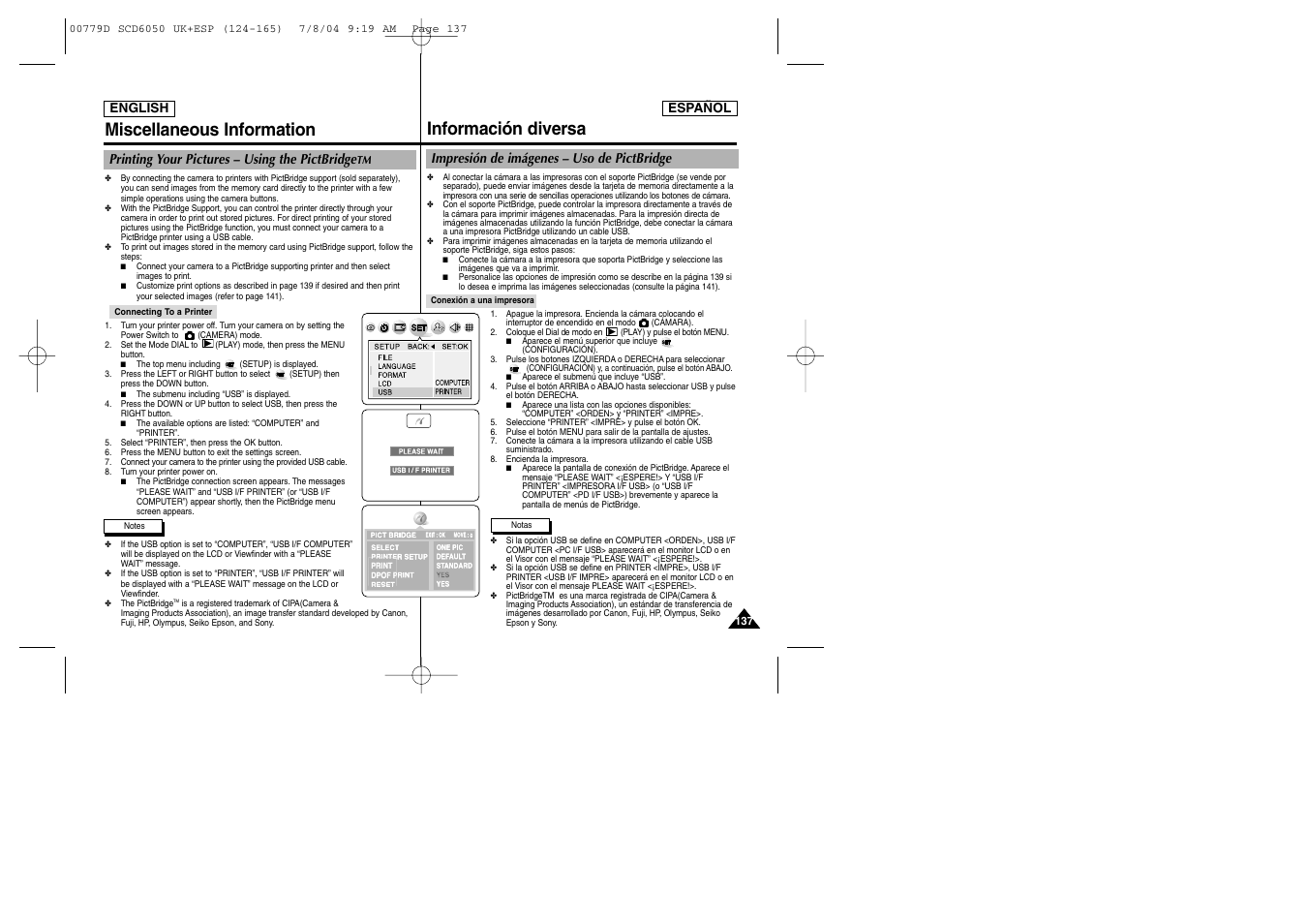 Información diversa, Miscellaneous information, Impresión de imágenes – uso de pictbridge | Printing your pictures – using the pictbridge | Samsung SCD6050 User Manual | Page 137 / 166