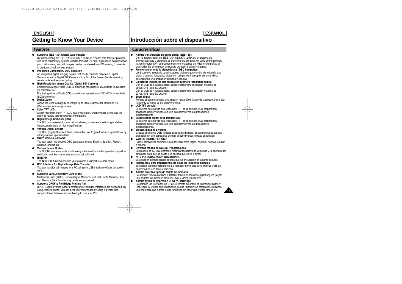 Getting to know your device, Introducción sobre el dispositivo, Features | Características | Samsung SCD6050 User Manual | Page 15 / 166