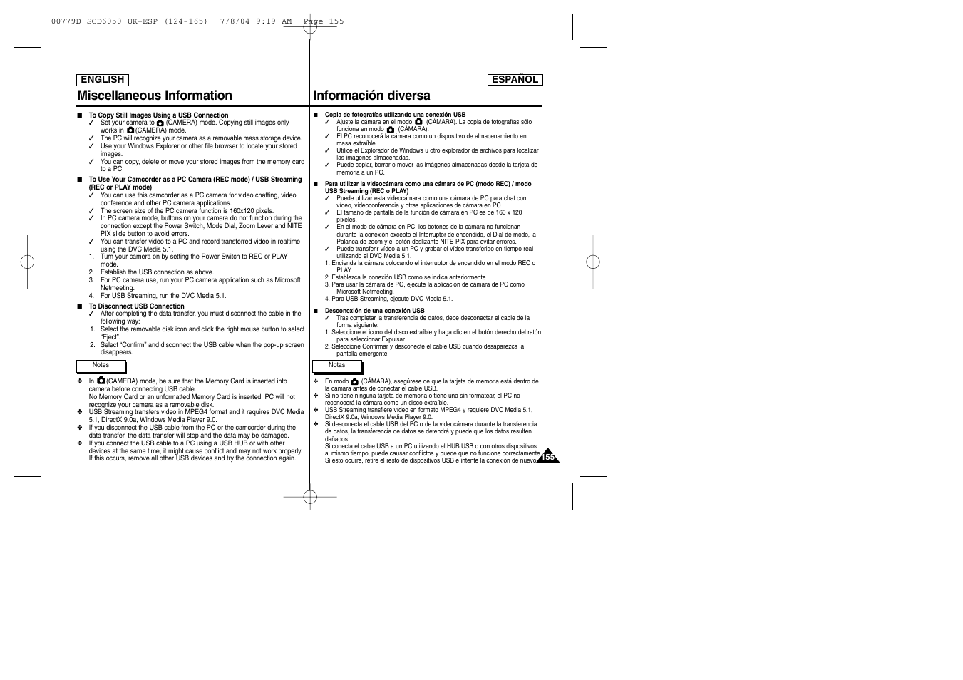 Miscellaneous information, Información diversa | Samsung SCD6050 User Manual | Page 155 / 166