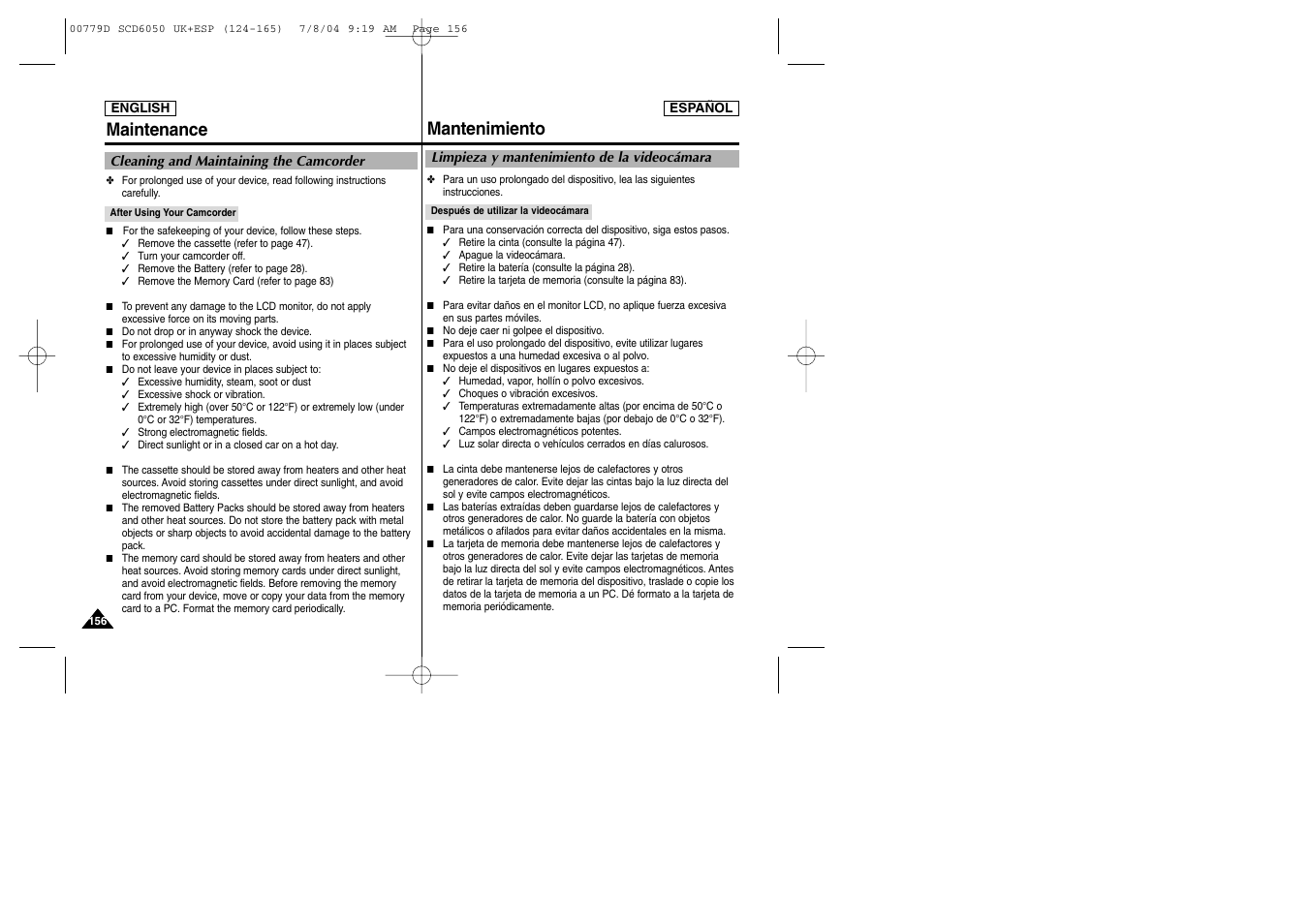 Maintenance, Mantenimiento | Samsung SCD6050 User Manual | Page 156 / 166