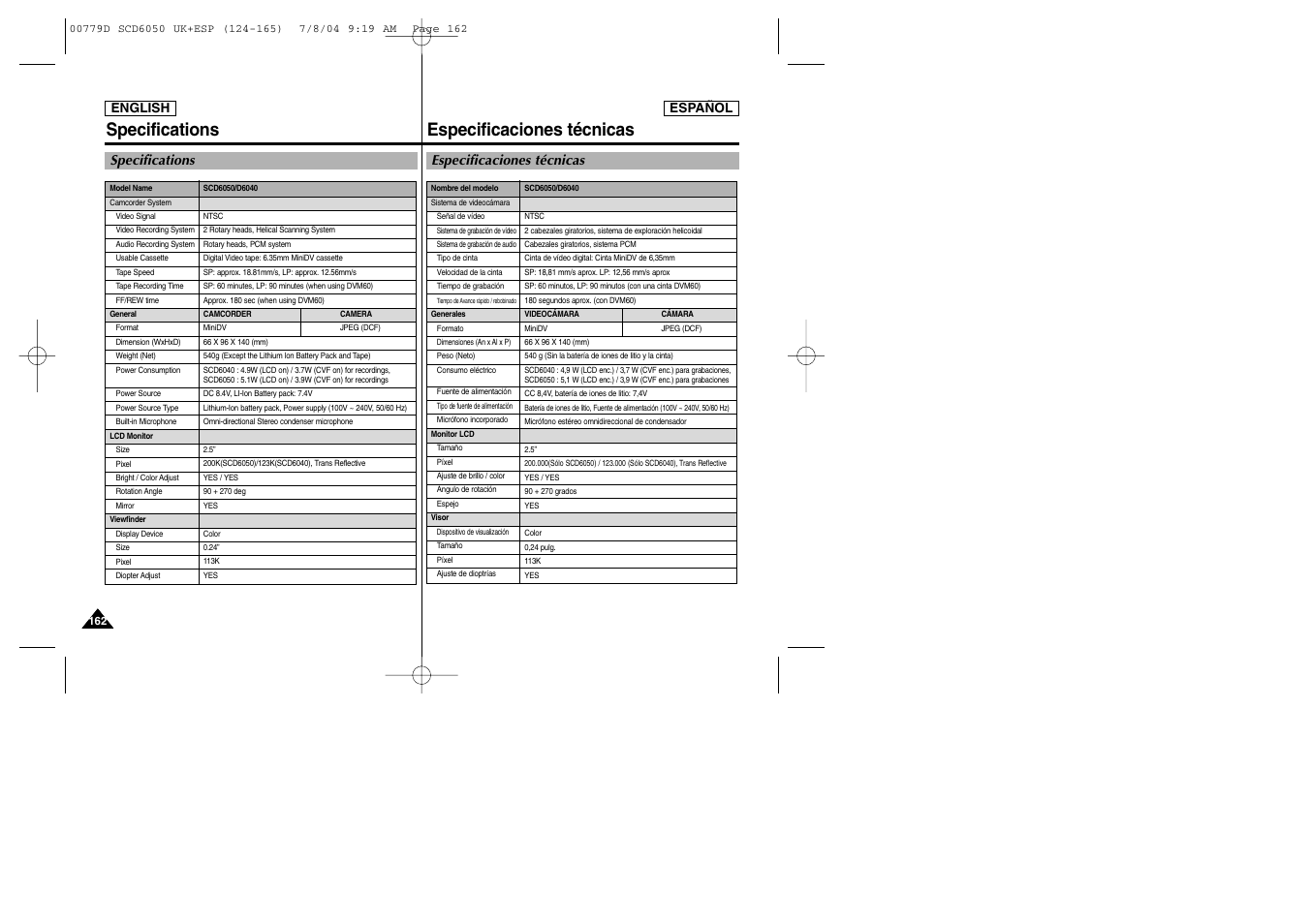 Specifications, Especificaciones técnicas | Samsung SCD6050 User Manual | Page 162 / 166
