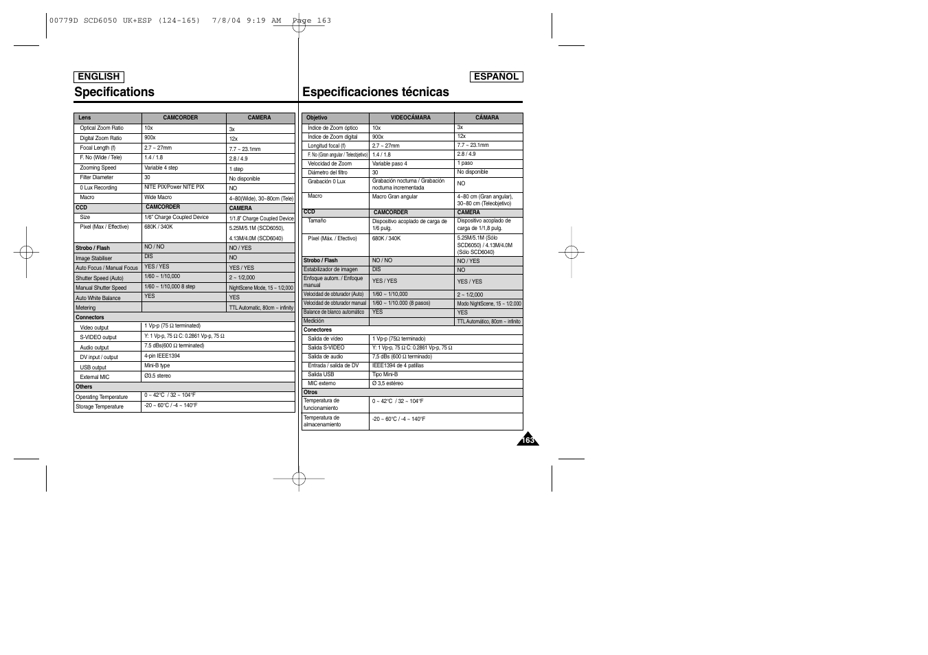 Specifications, Especificaciones técnicas | Samsung SCD6050 User Manual | Page 163 / 166