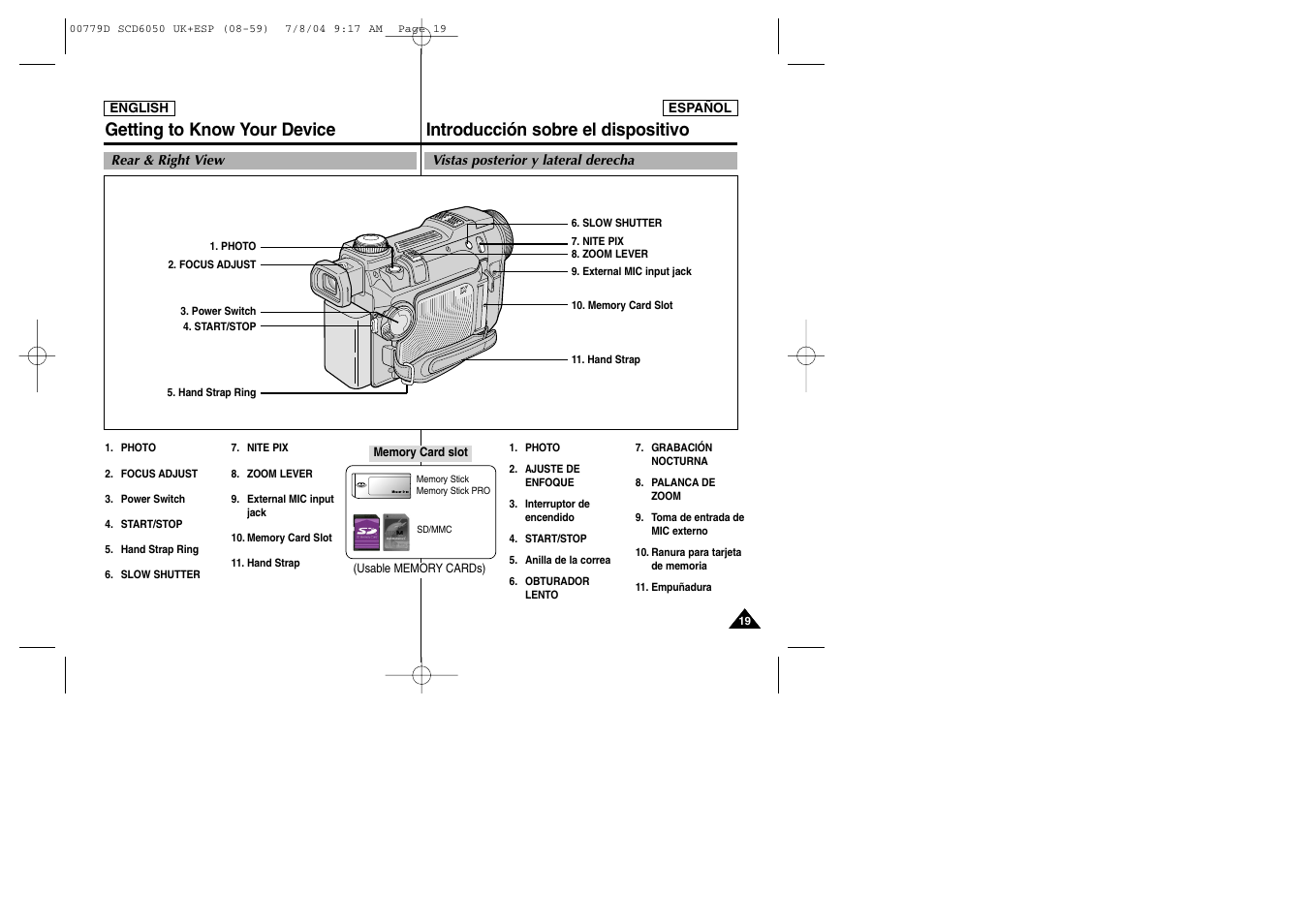 Getting to know your device, Introducción sobre el dispositivo | Samsung SCD6050 User Manual | Page 19 / 166