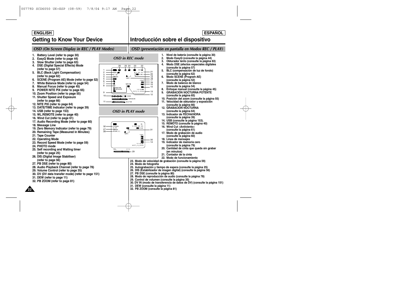 Getting to know your device, Introducción sobre el dispositivo | Samsung SCD6050 User Manual | Page 22 / 166