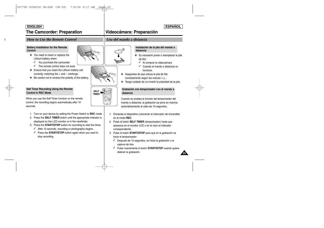 The camcorder: preparation, Videocámara: preparación | Samsung SCD6050 User Manual | Page 25 / 166