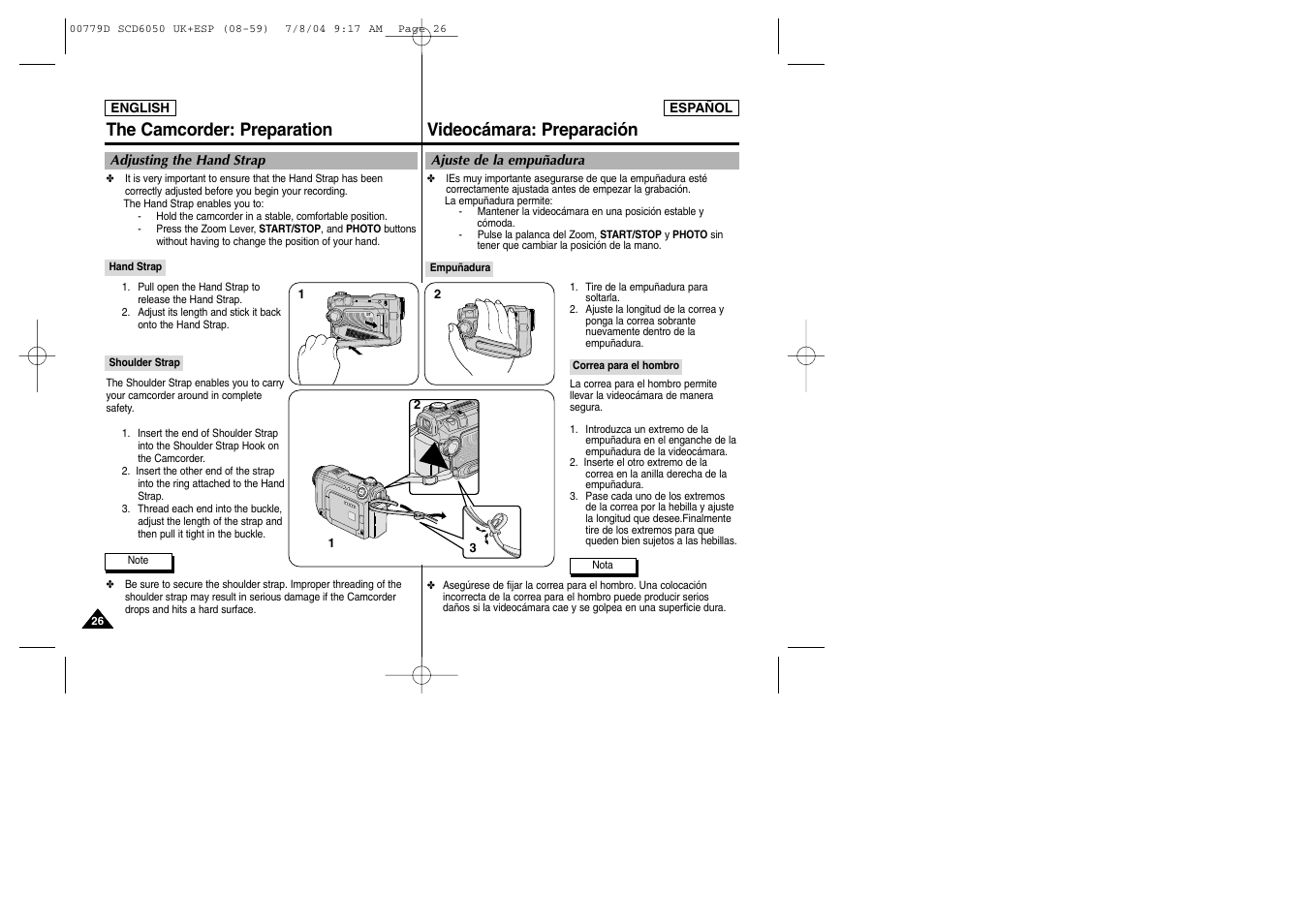 The camcorder: preparation, Videocámara: preparación | Samsung SCD6050 User Manual | Page 26 / 166