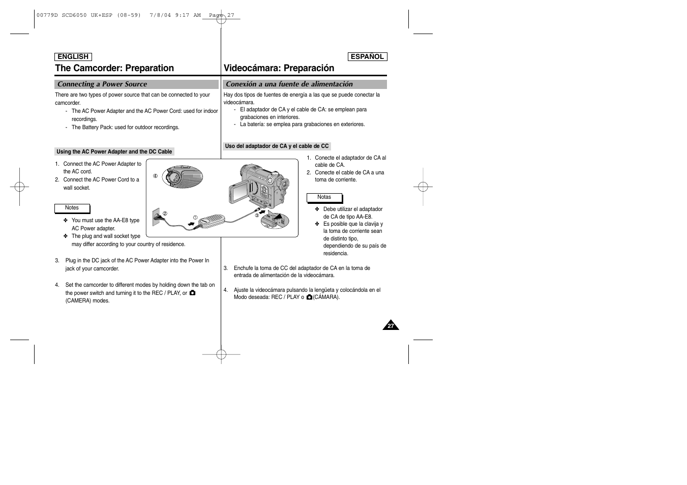 The camcorder: preparation, Videocámara: preparación | Samsung SCD6050 User Manual | Page 27 / 166