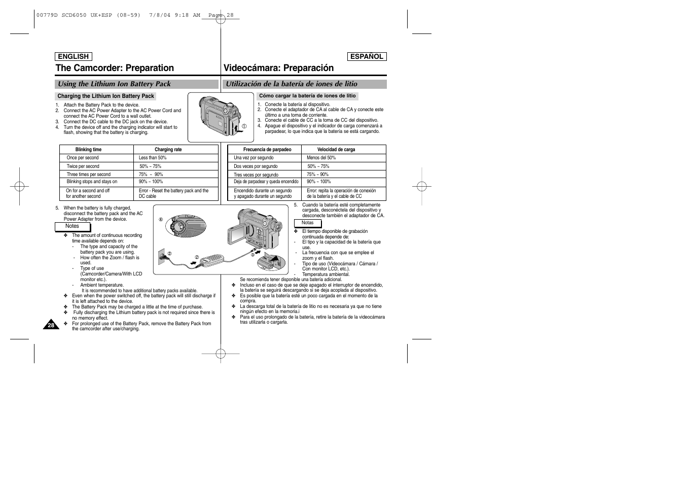 The camcorder: preparation, Videocámara: preparación | Samsung SCD6050 User Manual | Page 28 / 166
