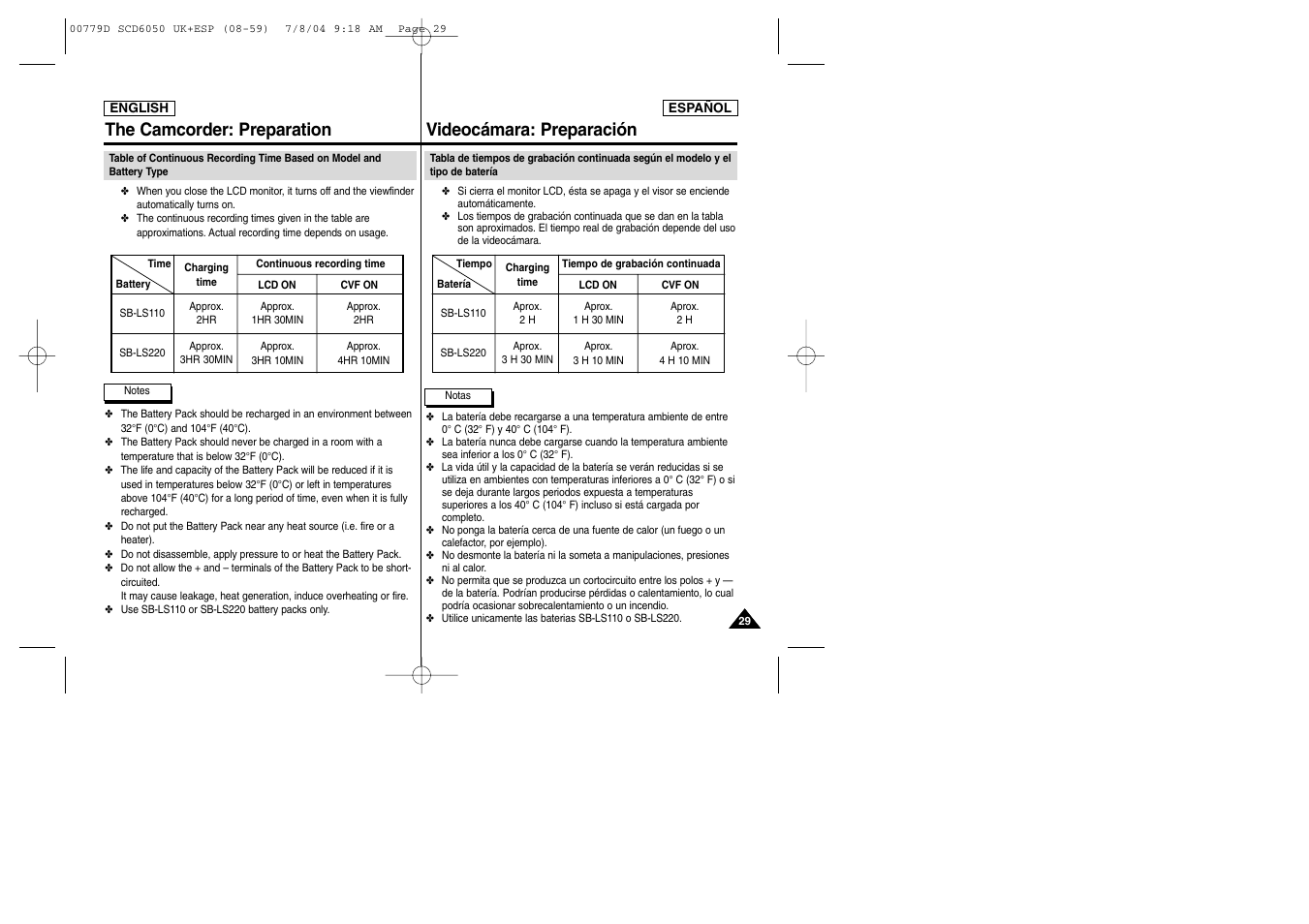 The camcorder: preparation, Videocámara: preparación | Samsung SCD6050 User Manual | Page 29 / 166