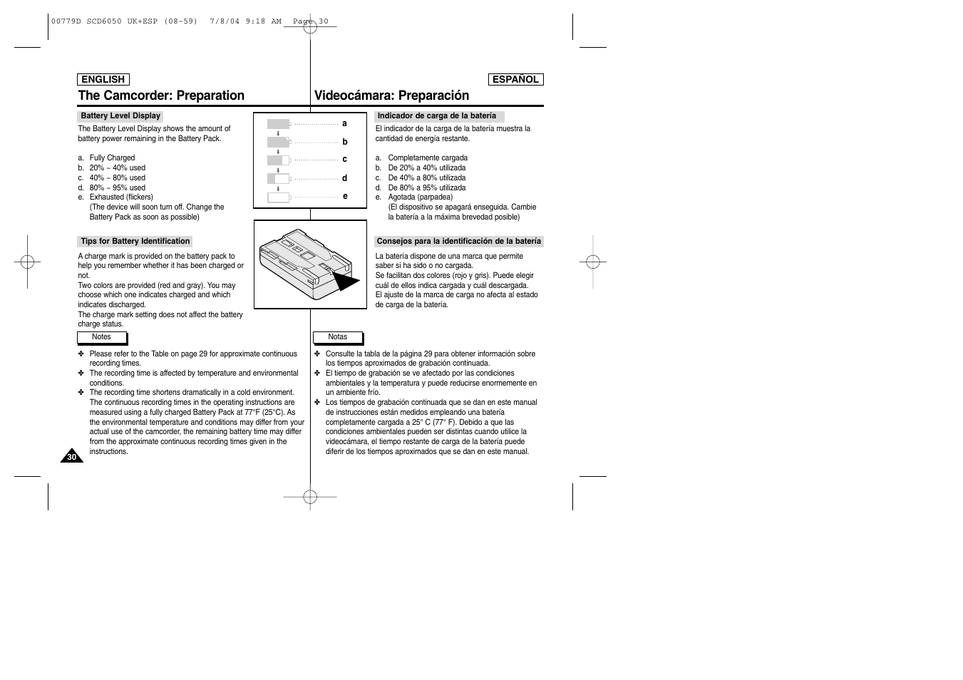 The camcorder: preparation, Videocámara: preparación | Samsung SCD6050 User Manual | Page 30 / 166