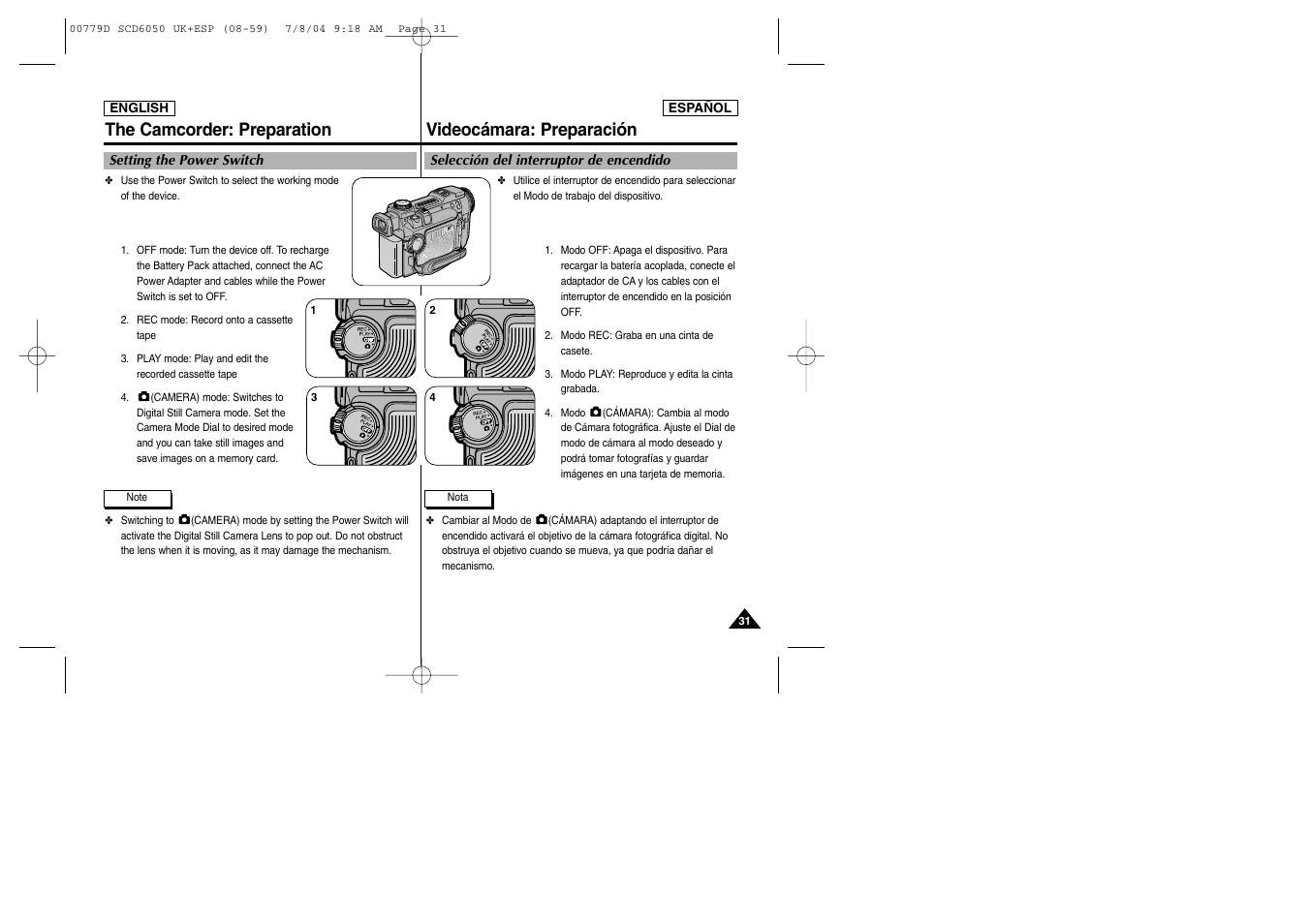 The camcorder: preparation, Videocámara: preparación | Samsung SCD6050 User Manual | Page 31 / 166