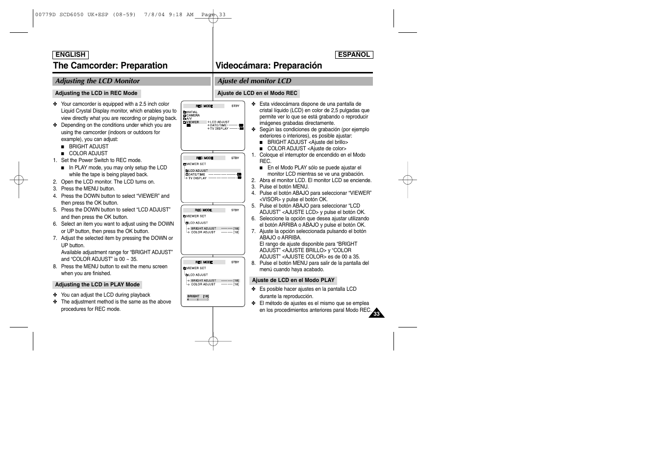 The camcorder: preparation, Videocámara: preparación | Samsung SCD6050 User Manual | Page 33 / 166