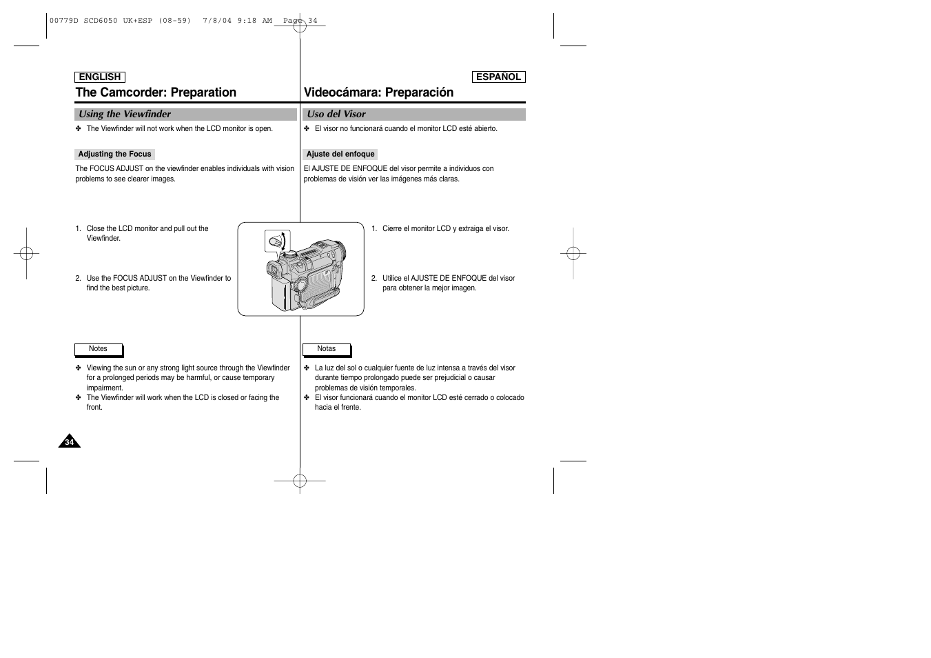 The camcorder: preparation, Videocámara: preparación | Samsung SCD6050 User Manual | Page 34 / 166