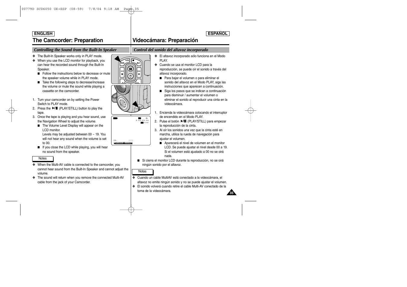 The camcorder: preparation, Videocámara: preparación | Samsung SCD6050 User Manual | Page 35 / 166
