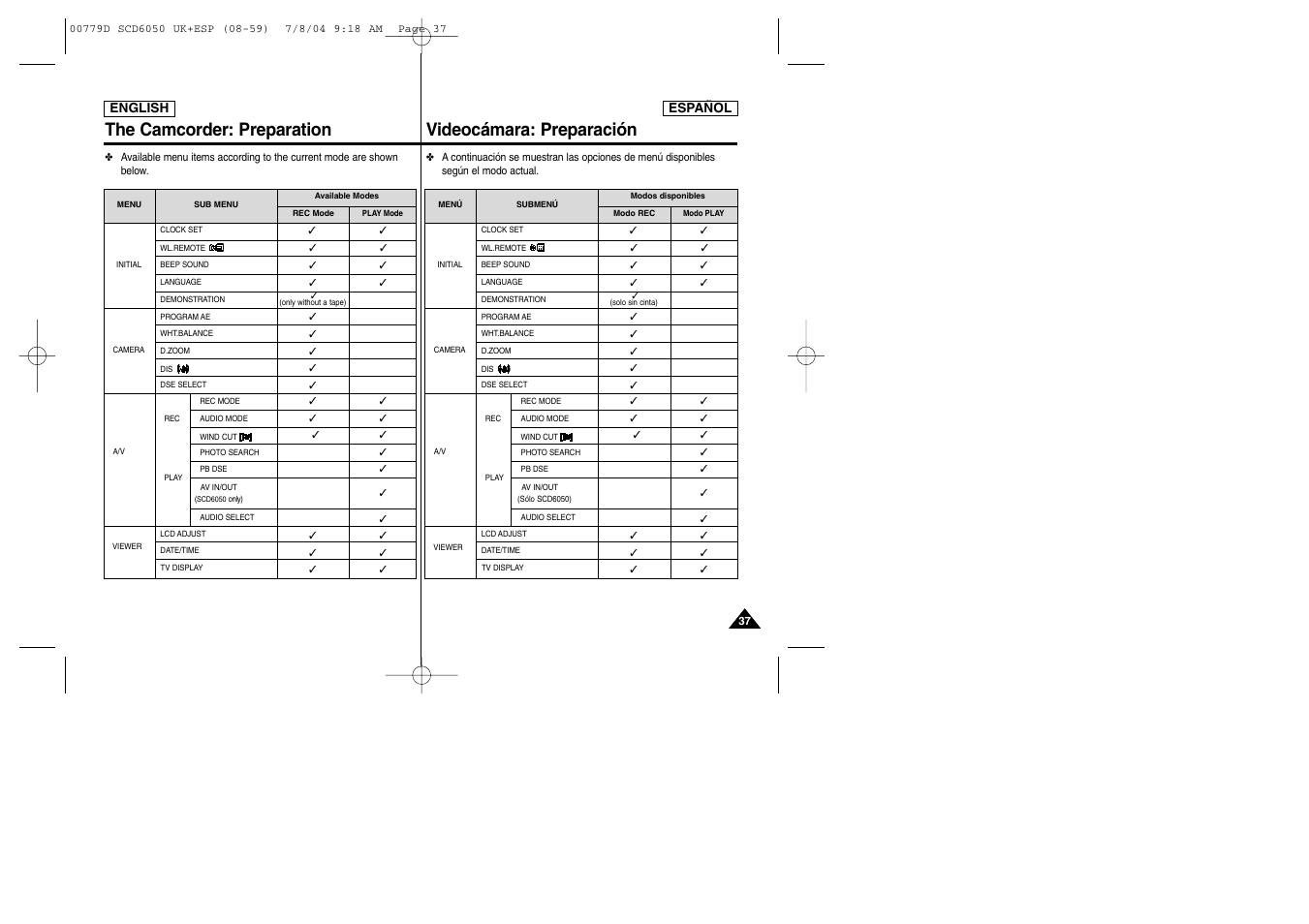The camcorder: preparation, Videocámara: preparación | Samsung SCD6050 User Manual | Page 37 / 166
