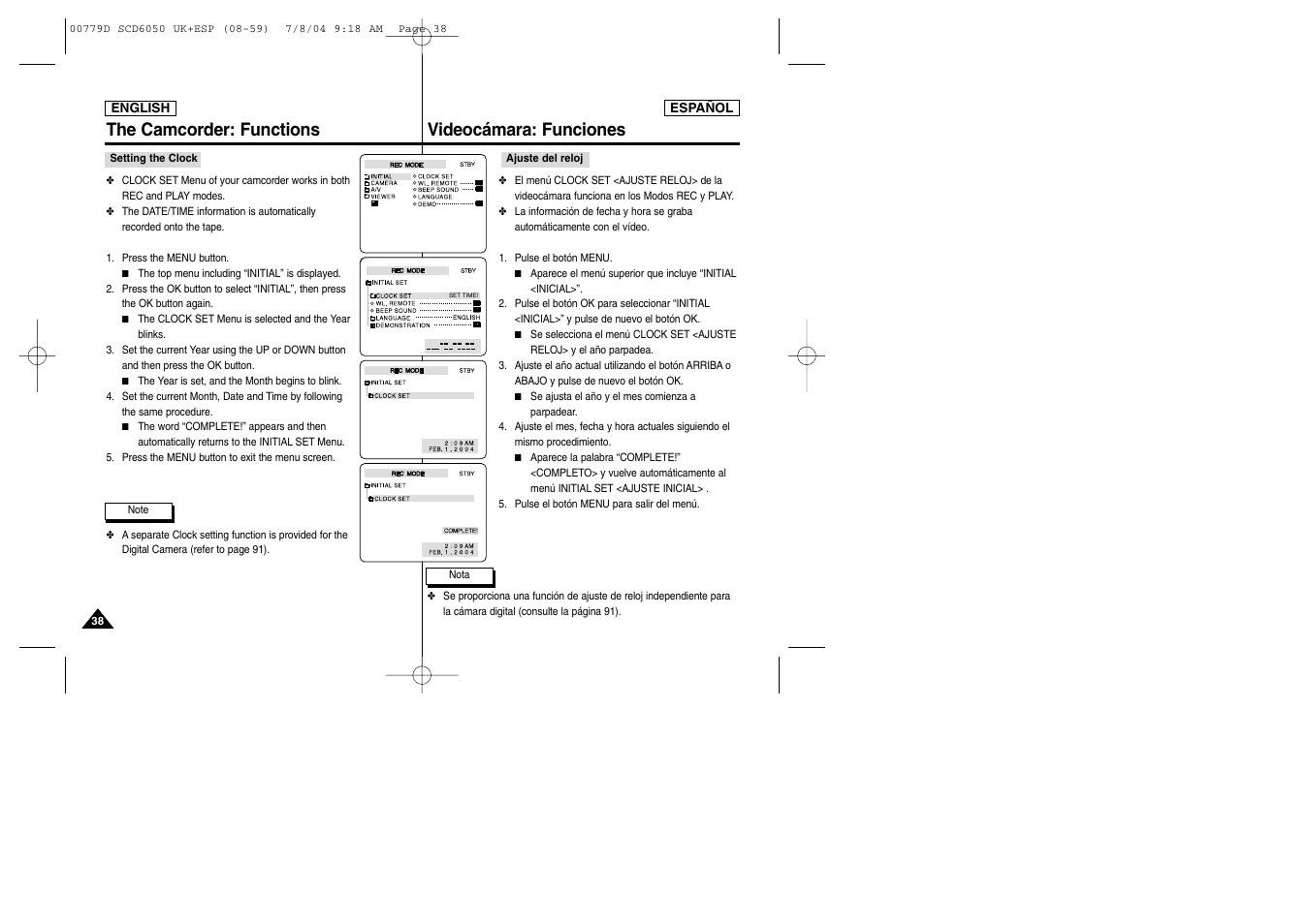 The camcorder: functions, Videocámara: funciones | Samsung SCD6050 User Manual | Page 38 / 166