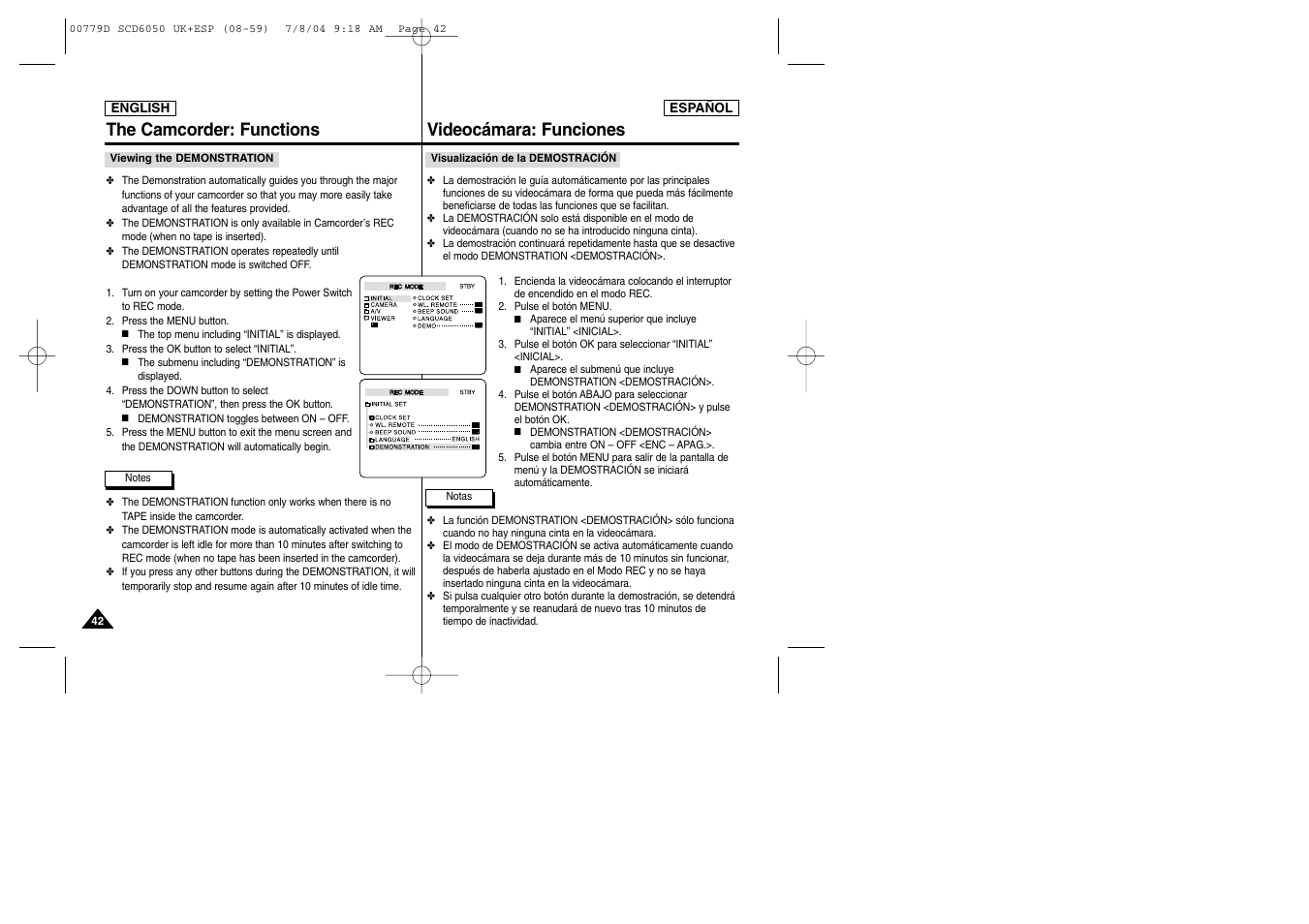 The camcorder: functions, Videocámara: funciones | Samsung SCD6050 User Manual | Page 42 / 166