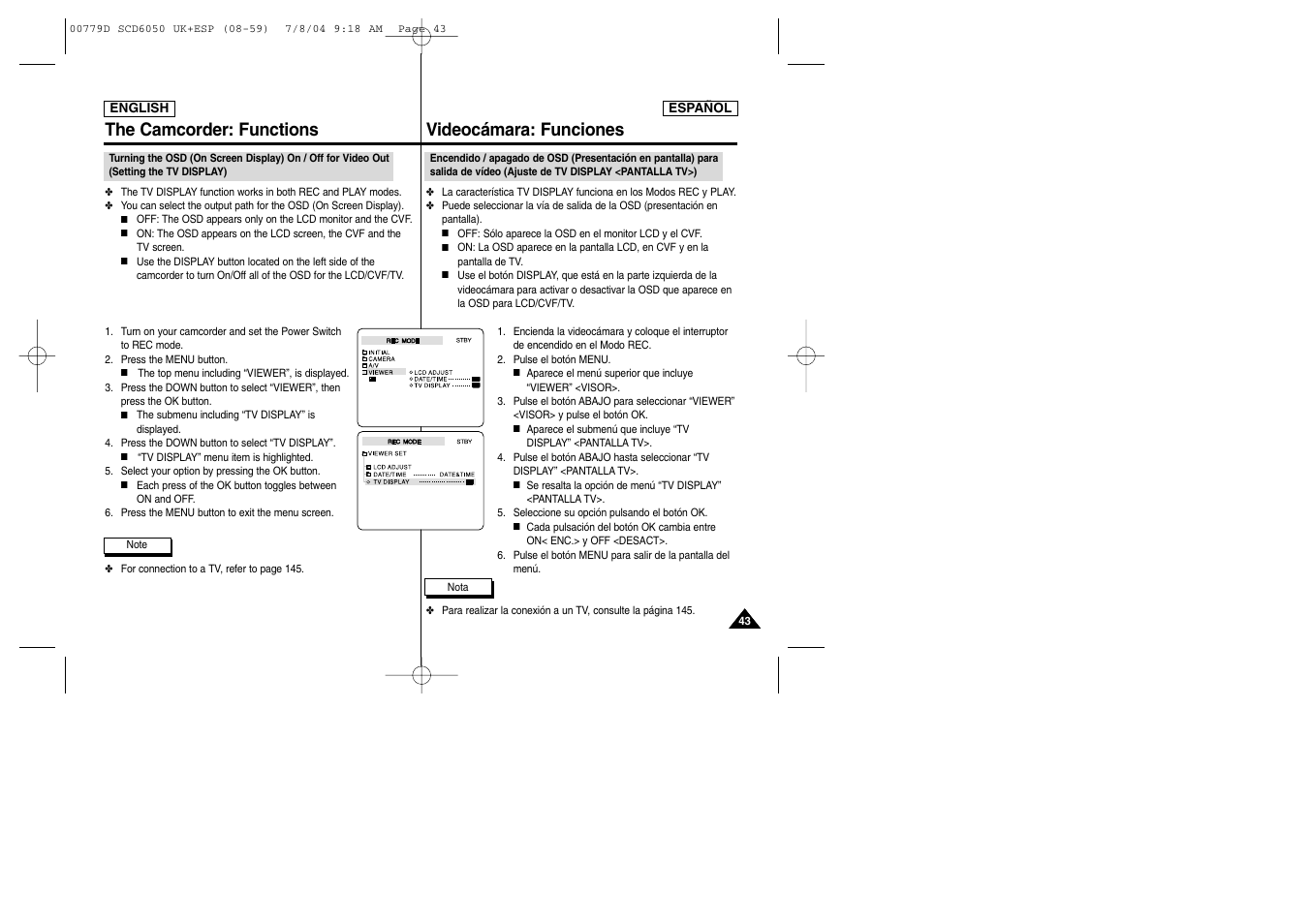 The camcorder: functions, Videocámara: funciones | Samsung SCD6050 User Manual | Page 43 / 166