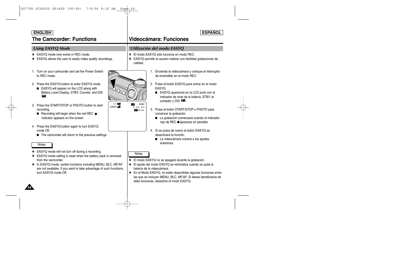 The camcorder: functions, Videocámara: funciones | Samsung SCD6050 User Manual | Page 44 / 166