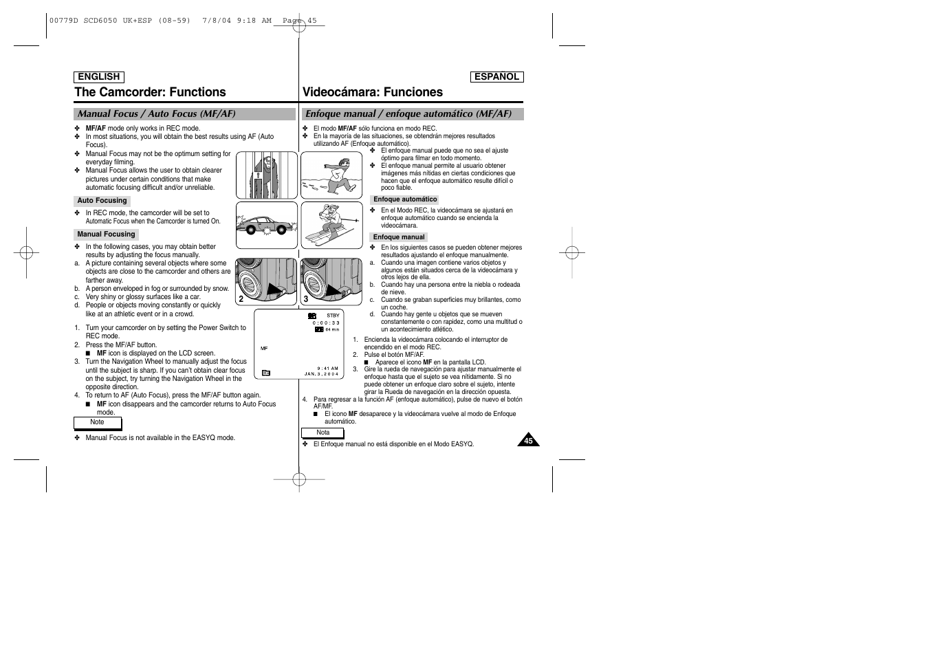 The camcorder: functions, Videocámara: funciones | Samsung SCD6050 User Manual | Page 45 / 166