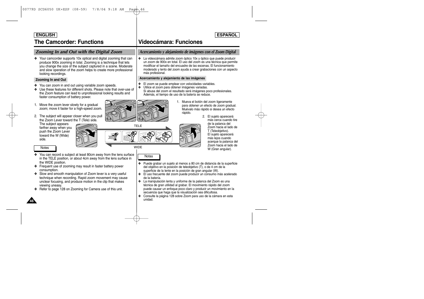 The camcorder: functions, Videocámara: funciones | Samsung SCD6050 User Manual | Page 46 / 166