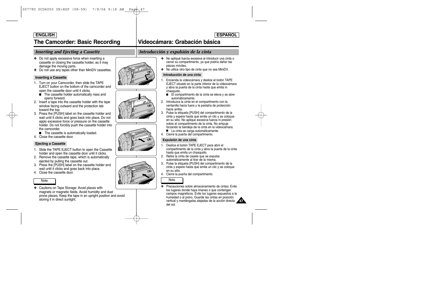 The camcorder: basic recording, Videocámara: grabación básica | Samsung SCD6050 User Manual | Page 47 / 166