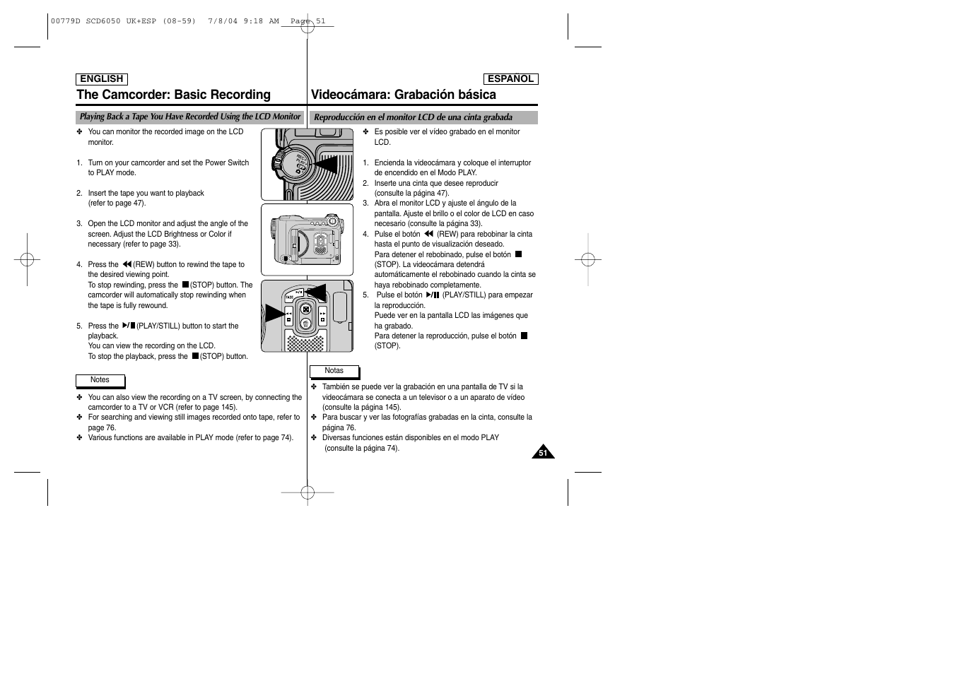 The camcorder: basic recording, Videocámara: grabación básica | Samsung SCD6050 User Manual | Page 51 / 166