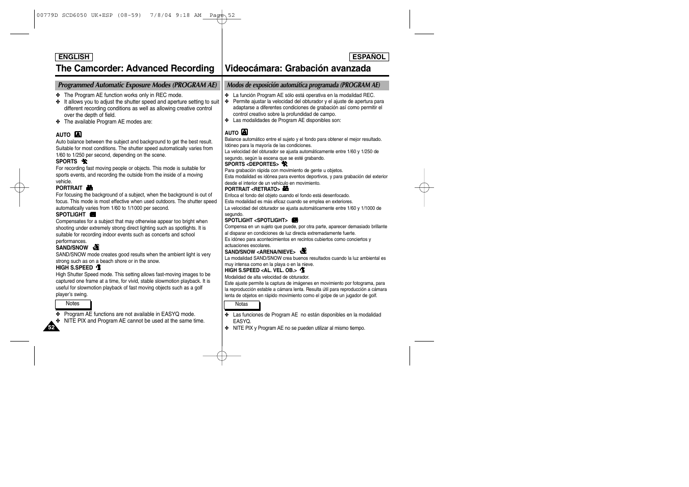 The camcorder: advanced recording, Videocámara: grabación avanzada | Samsung SCD6050 User Manual | Page 52 / 166