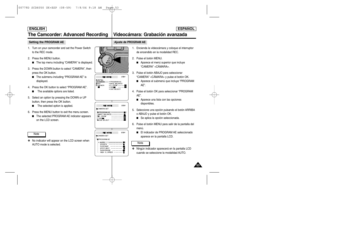 The camcorder: advanced recording, Videocámara: grabación avanzada | Samsung SCD6050 User Manual | Page 53 / 166