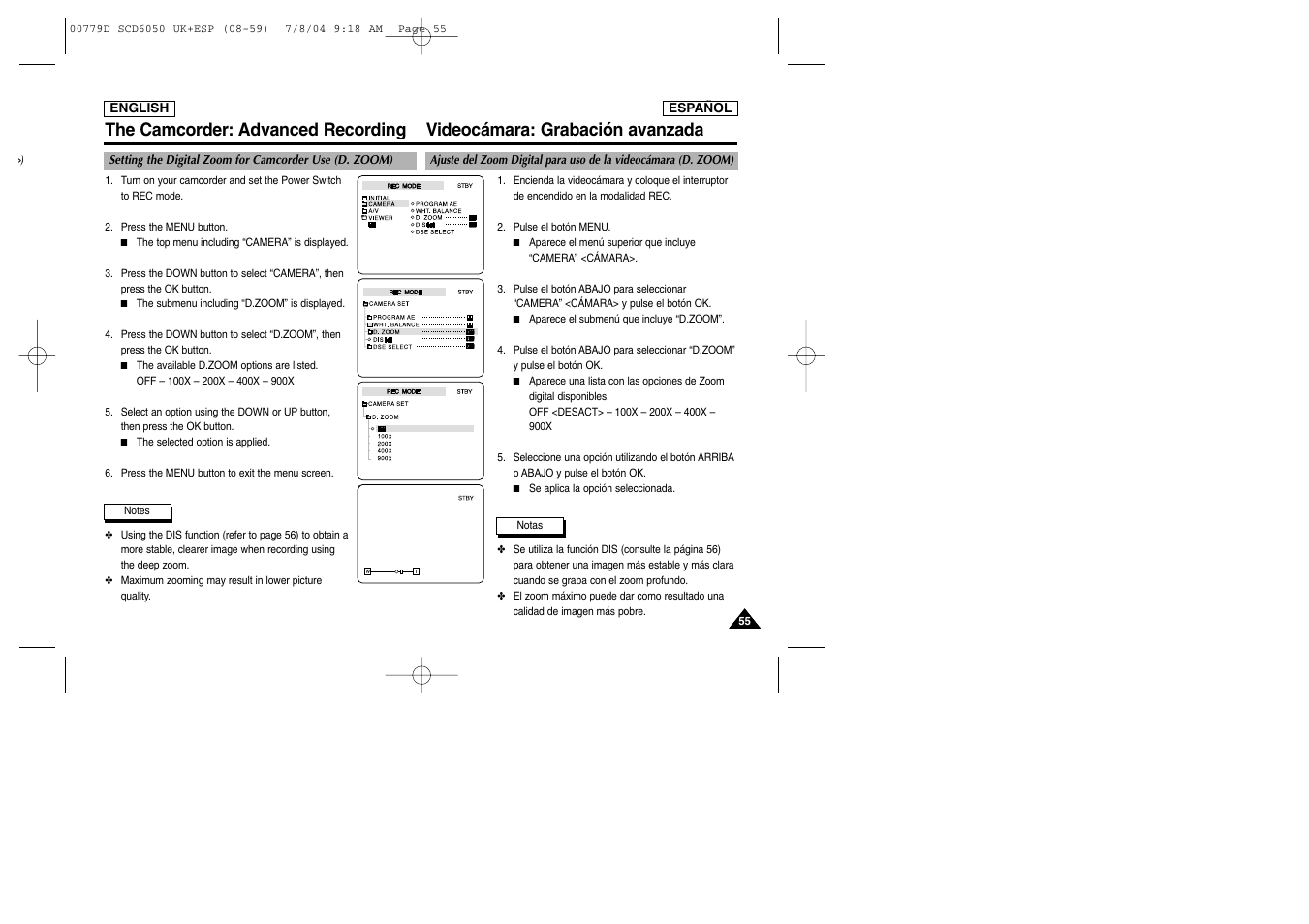 The camcorder: advanced recording, Videocámara: grabación avanzada | Samsung SCD6050 User Manual | Page 55 / 166