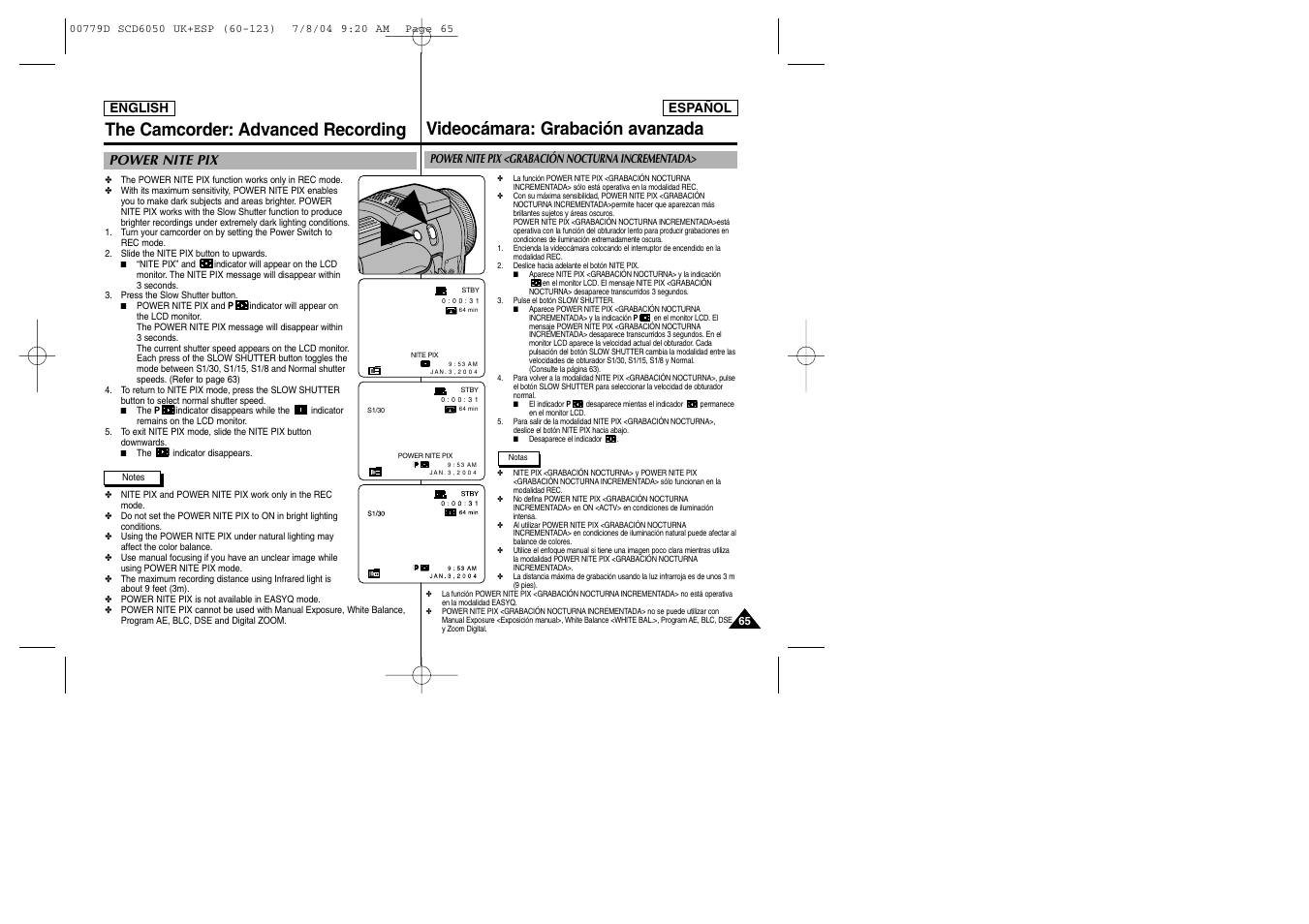 Videocámara: grabación avanzada, The camcorder: advanced recording, Power nite pix | Samsung SCD6050 User Manual | Page 65 / 166