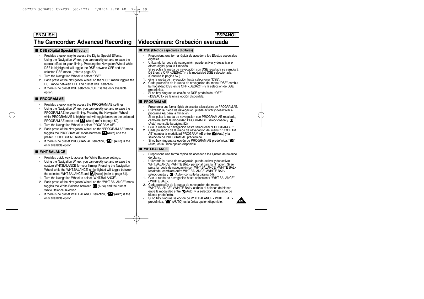 The camcorder: advanced recording, Videocámara: grabación avanzada | Samsung SCD6050 User Manual | Page 69 / 166