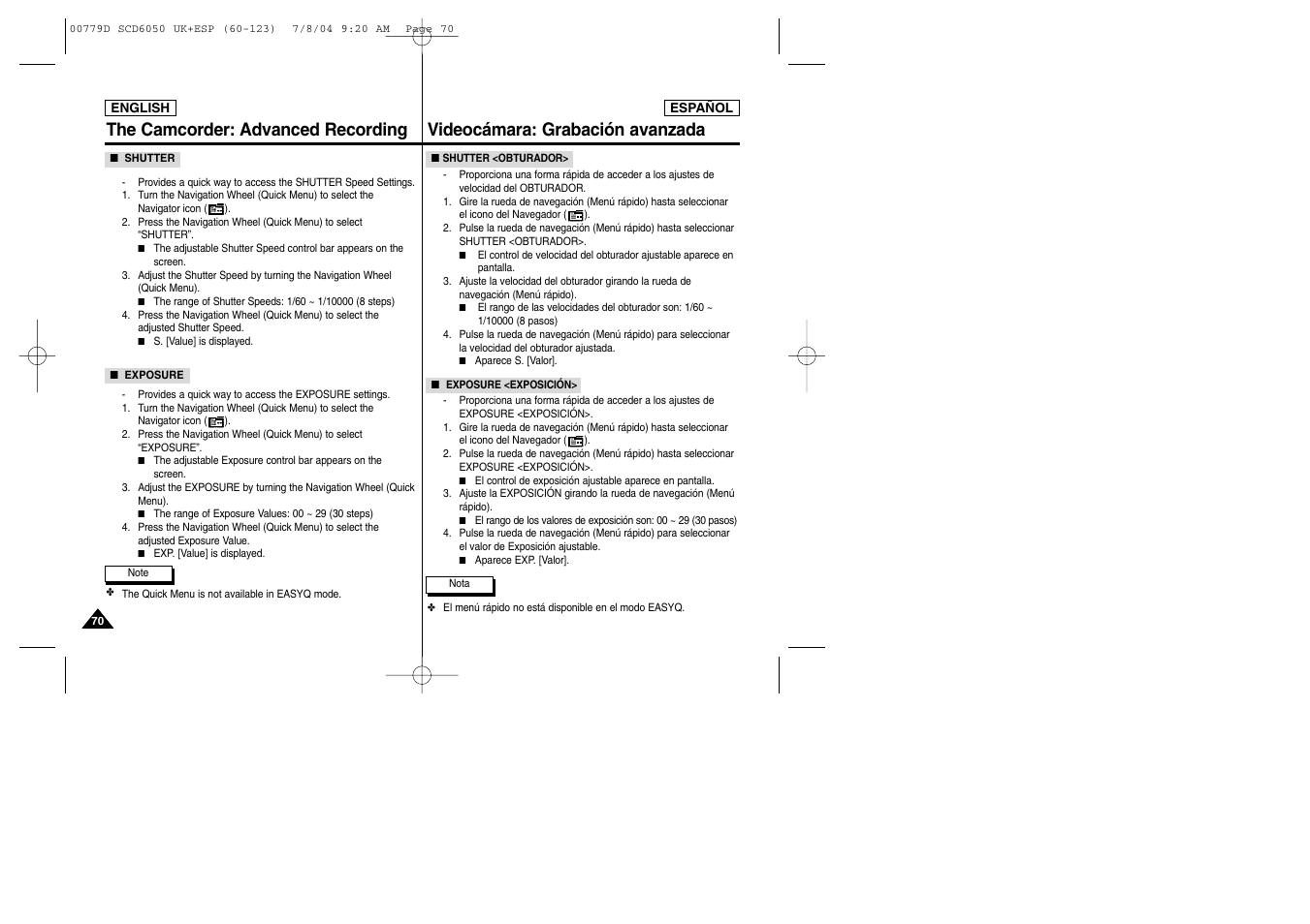 The camcorder: advanced recording, Videocámara: grabación avanzada | Samsung SCD6050 User Manual | Page 70 / 166