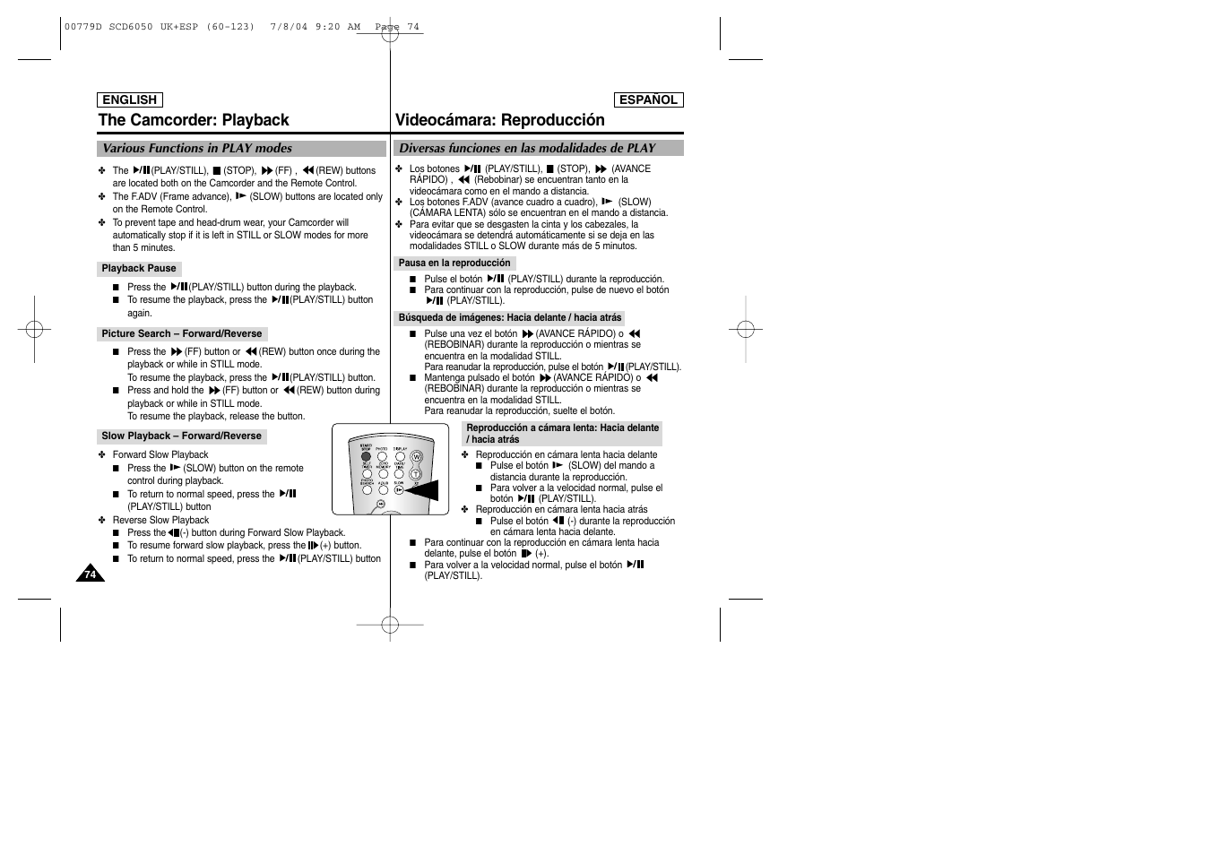 Videocámara: reproducción, The camcorder: playback | Samsung SCD6050 User Manual | Page 74 / 166