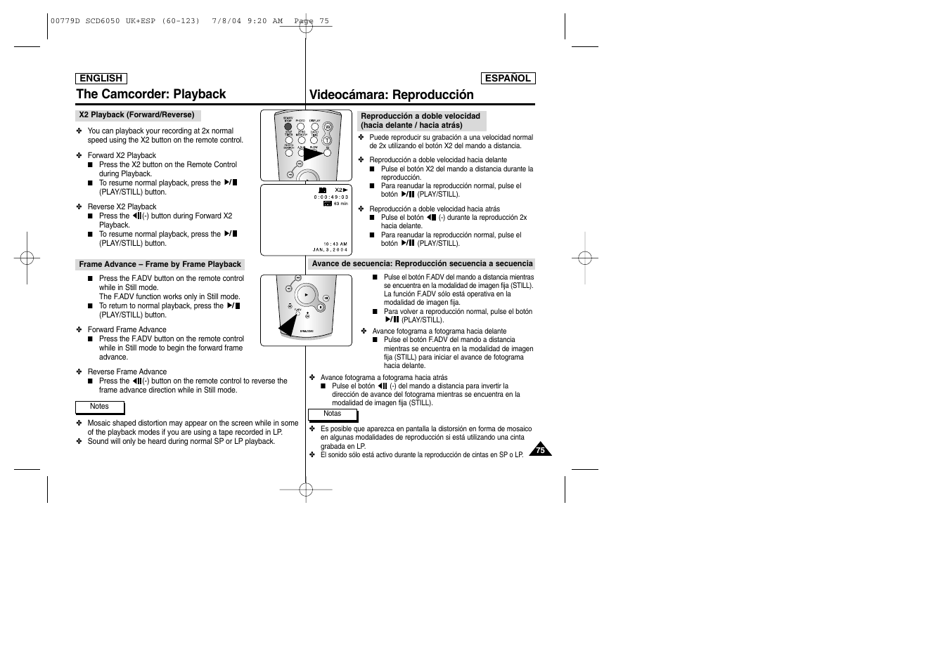 Videocámara: reproducción, The camcorder: playback | Samsung SCD6050 User Manual | Page 75 / 166