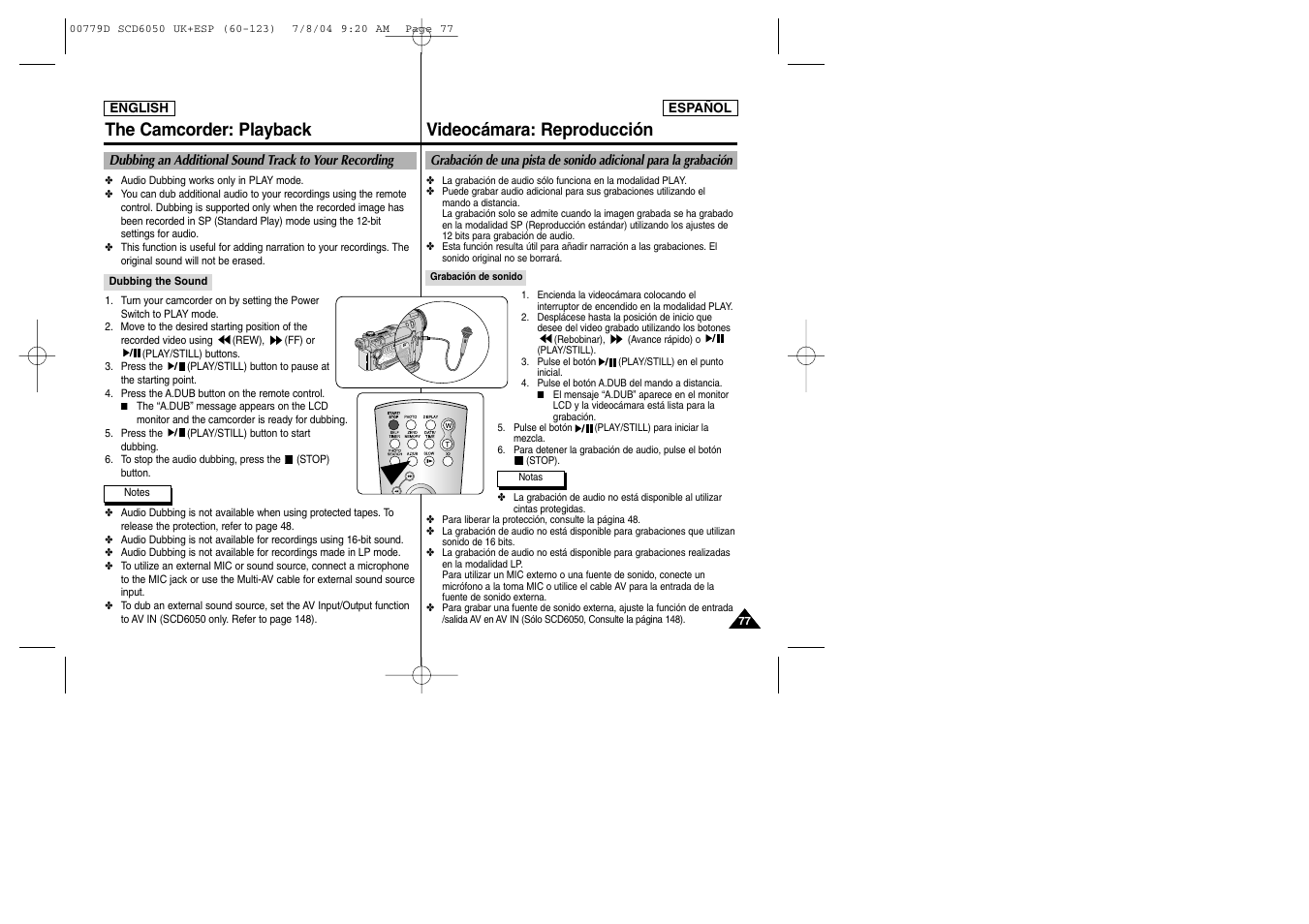 Videocámara: reproducción, The camcorder: playback | Samsung SCD6050 User Manual | Page 77 / 166