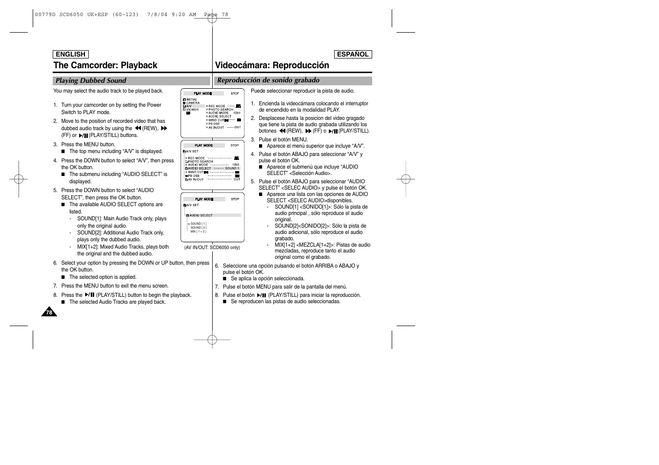 The camcorder: playback, Videocámara: reproducción | Samsung SCD6050 User Manual | Page 78 / 166